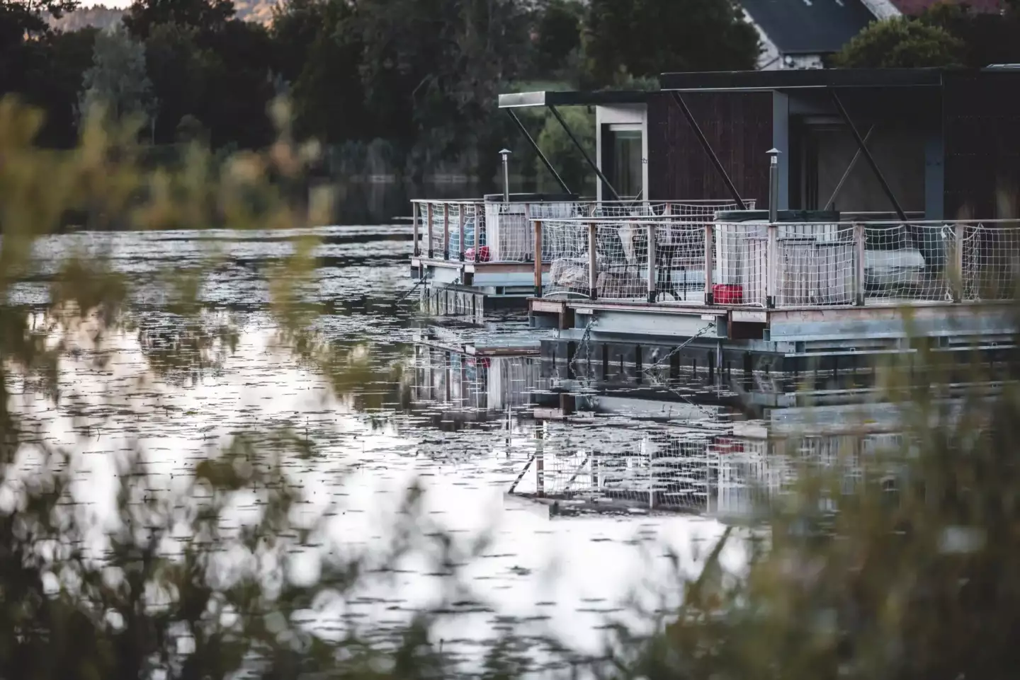 Photo des lodges sur l'eau de la Rive étoilée légèrement cachés par des feuilles au bord du lac
