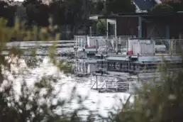 Photo des lodges sur l'eau de la Rive étoilée légèrement cachés par des feuilles au bord du lac